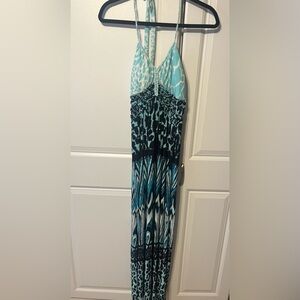 Vanity maxi halter sun dress- Aqua and Black Patterned Dress-S